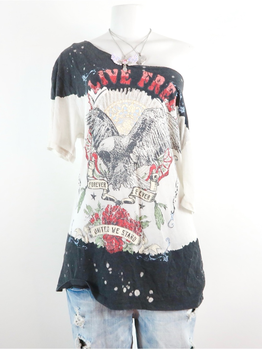 Live Free Eagle Graphic Off-Shoulder Women’s Tee - Black & Cream